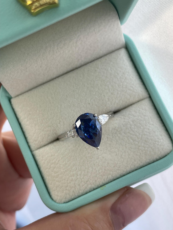 New In! 3 carat crushed ice simulated blue sapphire pear shaped engagement ring in silver 925, yellow gold vermeil ring, gift for her