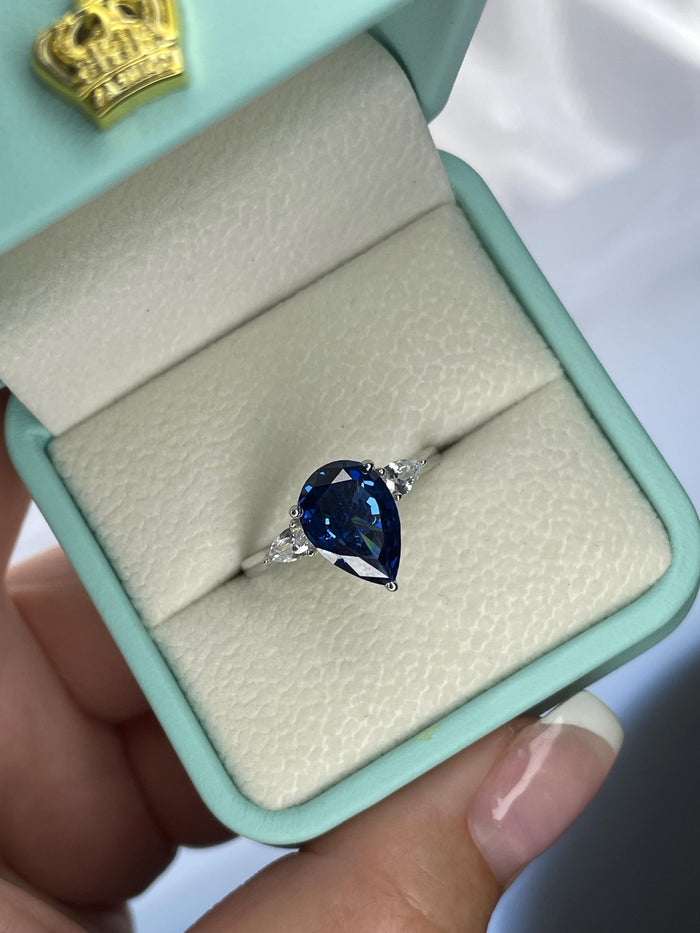 New In! 3 carat crushed ice simulated blue sapphire pear shaped engagement ring in silver 925, yellow gold vermeil ring, gift for her