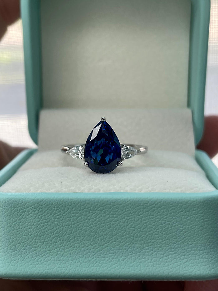 New In! 3 carat crushed ice simulated blue sapphire pear shaped engagement ring in silver 925, yellow gold vermeil ring, gift for her