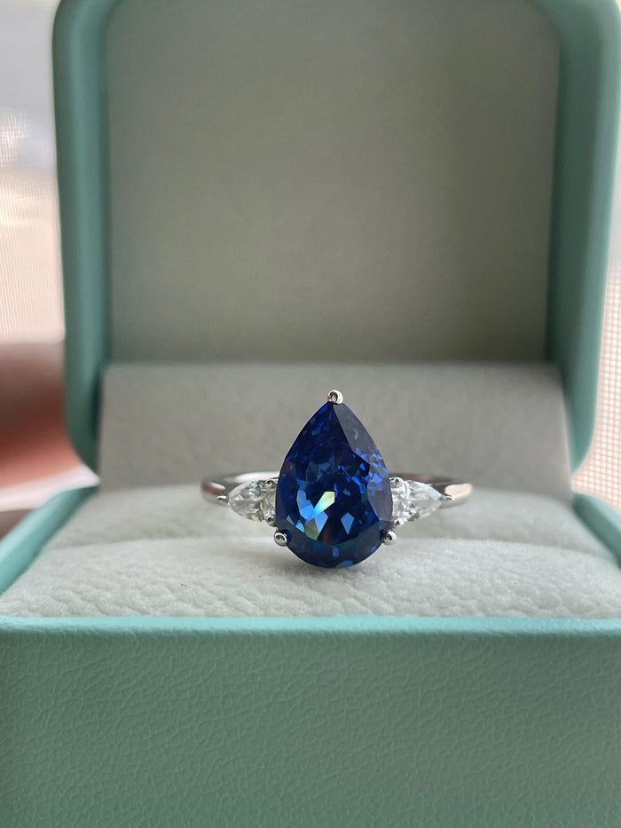 New In! 3 carat crushed ice simulated blue sapphire pear shaped engagement ring in silver 925, yellow gold vermeil ring, gift for her