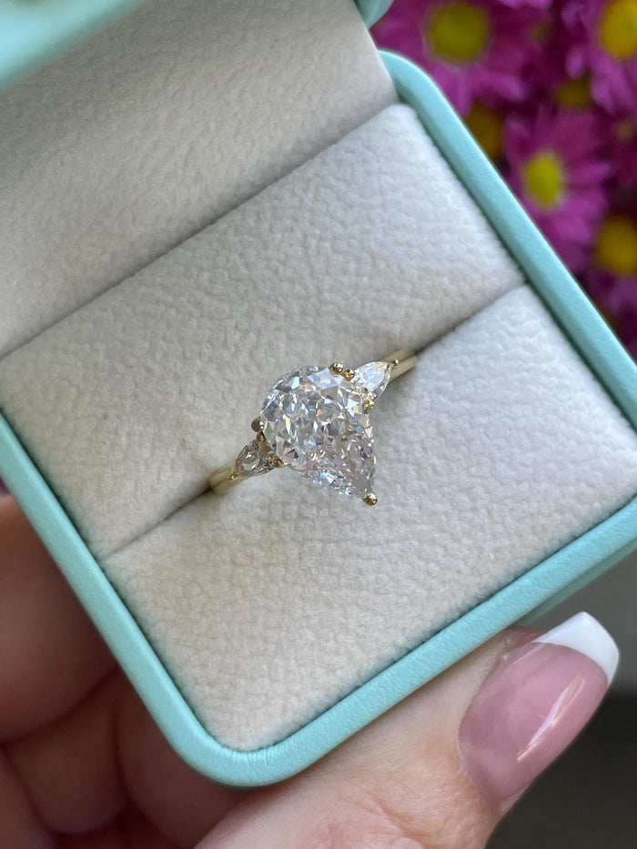 New In! 3 carat crushed ice simulated diamond pear shaped engagement ring in silver 925, yellow gold vermeil ring, gift for her