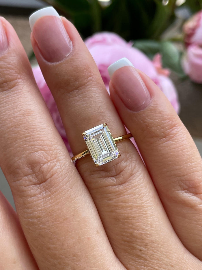 New In! Hidden Halo. Yellow gold over sterling silver 925 engagement ring with 2CT, 3CT emerald cut CZ simulated diamond, dainty band