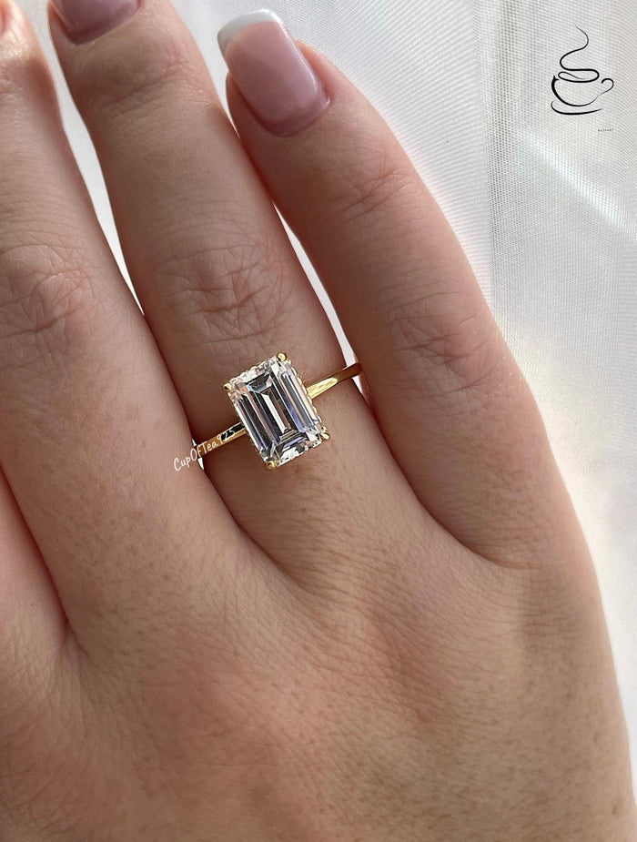 New In! Hidden Halo. Yellow gold over sterling silver 925 engagement ring with 2CT, 3CT emerald cut CZ simulated diamond, dainty band