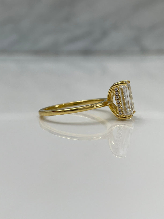 New In! Hidden Halo. Yellow gold over sterling silver 925 engagement ring with 2CT, 3CT emerald cut CZ simulated diamond, dainty band