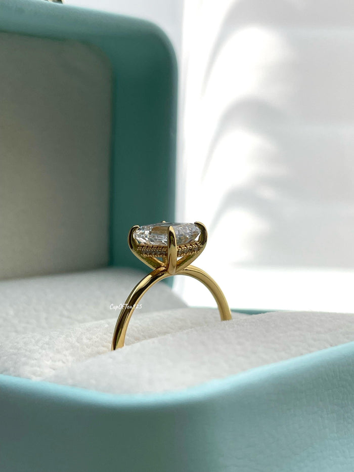New In! Hidden Halo. Yellow gold over sterling silver 925 engagement ring with 2CT, 3CT emerald cut CZ simulated diamond, dainty band