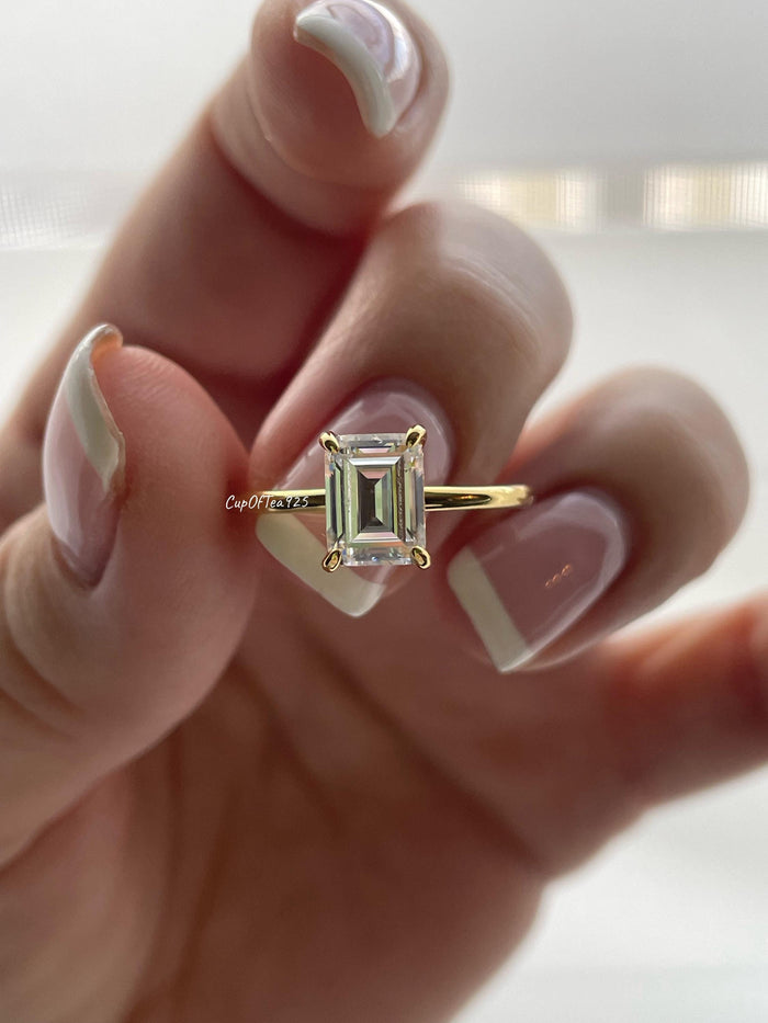New In! Hidden Halo. Yellow gold over sterling silver 925 engagement ring with 2CT, 3CT emerald cut CZ simulated diamond, dainty band