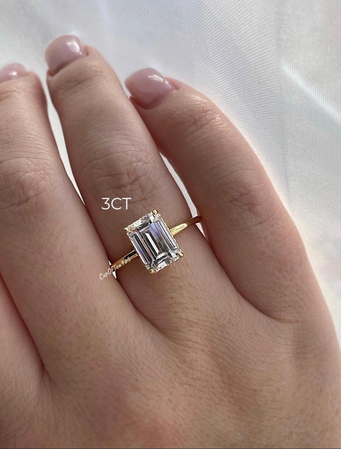 New In! Hidden Halo. Yellow gold over sterling silver 925 engagement ring with 2CT, 3CT emerald cut CZ simulated diamond, dainty band