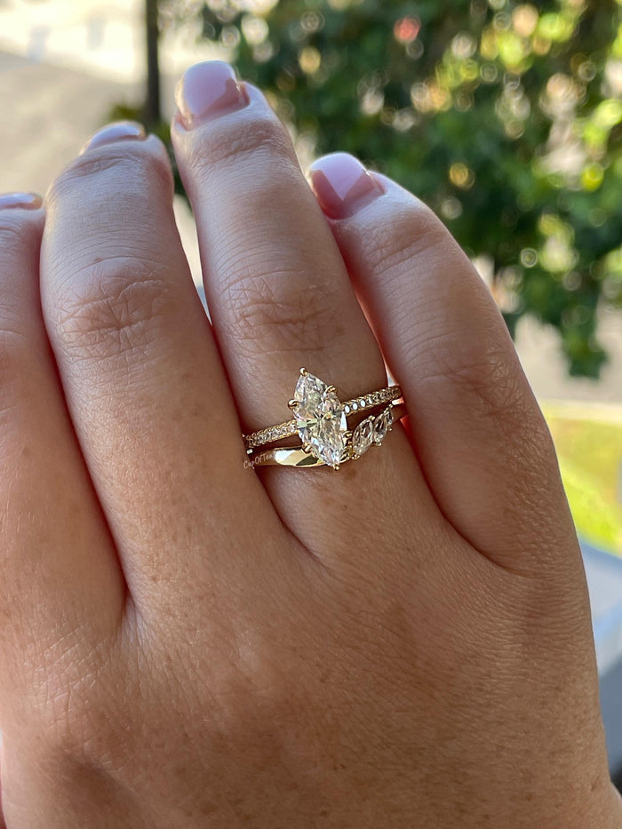 New in! Marquise Cut CZ Bridal Set, Yellow Gold Vermeil Sterling Silver Engagement Ring
