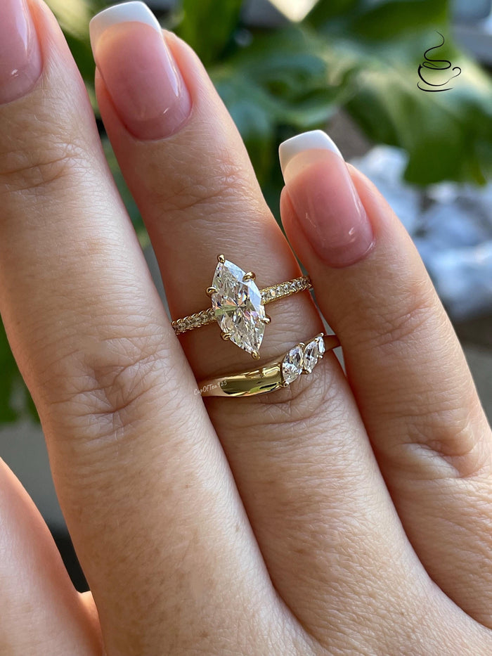 New in! Marquise Cut CZ Bridal Set, Yellow Gold Vermeil Sterling Silver Engagement Ring