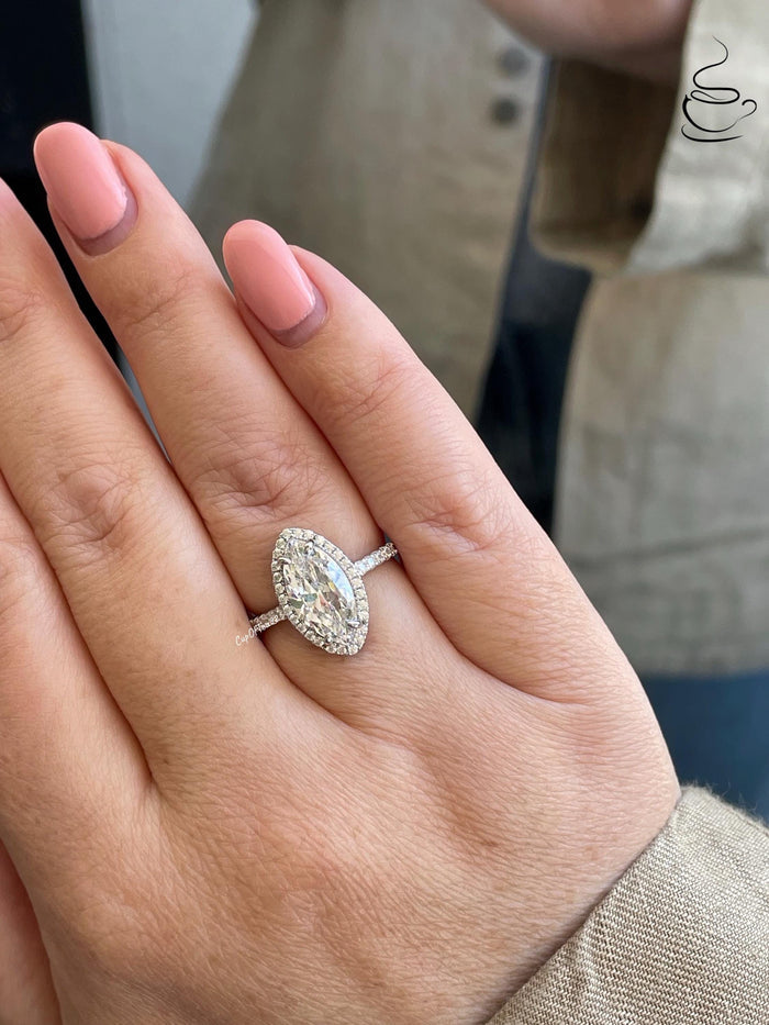 New In! Sterling Silver 925 engagement ring with 2CT marquise CZ diamond halo