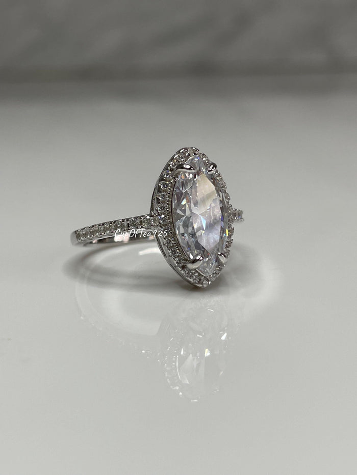 New In! Sterling Silver 925 engagement ring with 2CT marquise CZ diamond halo