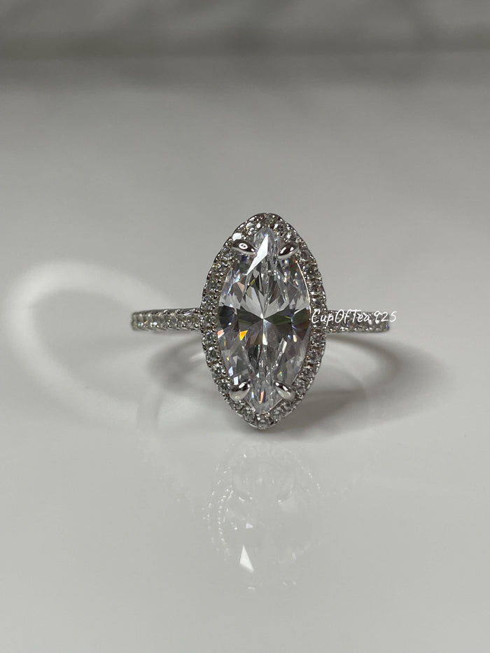 New In! Sterling Silver 925 engagement ring with 2CT marquise CZ diamond halo
