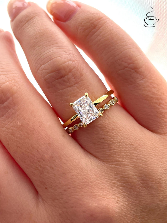 New In! Yellow gold vermeil bridal set with 2CT radiant cut solitaire and art deco half eternity Moissanite band