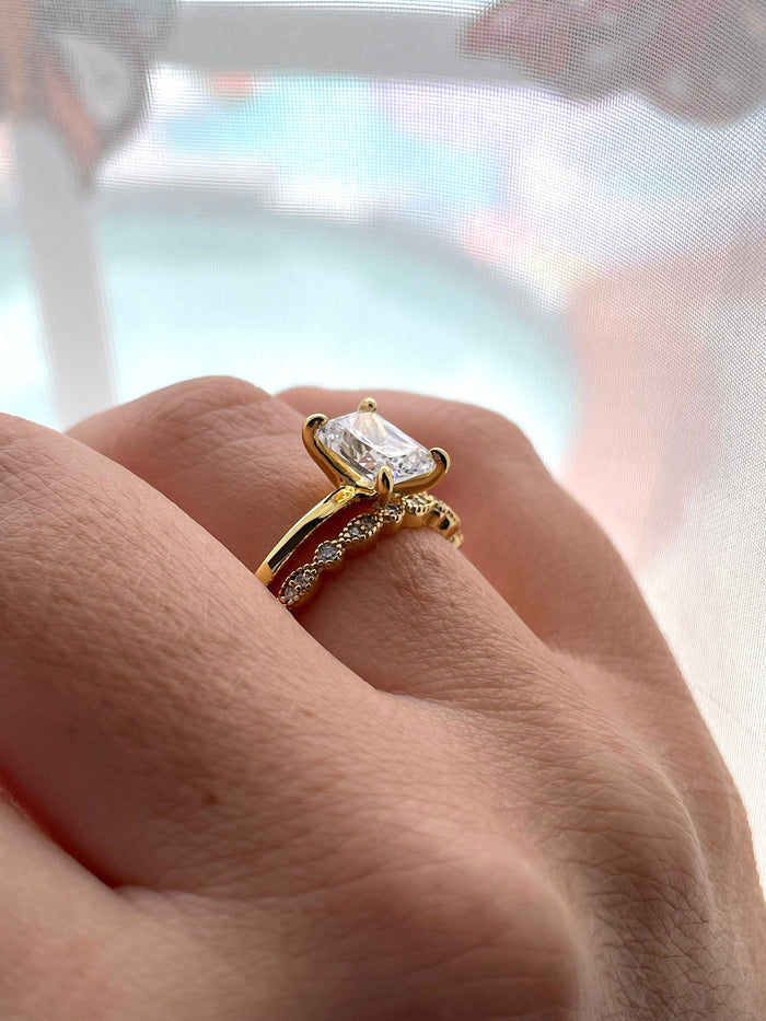 New In! Yellow gold vermeil bridal set with 2CT radiant cut solitaire and art deco half eternity Moissanite band