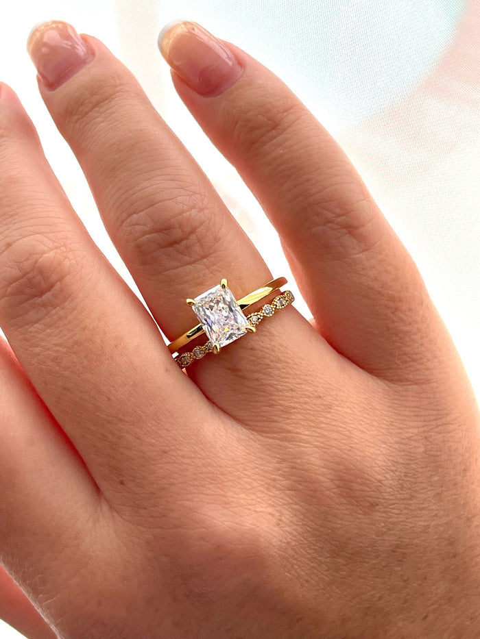 New In! Yellow gold vermeil bridal set with 2CT radiant cut solitaire and art deco half eternity Moissanite band