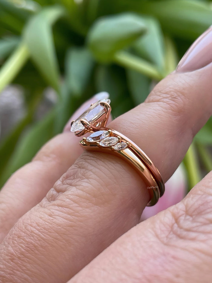 NewIn! Yellow gold, rose gold over sterling silver 925, bridal set with 2.25CT skinny oval cut CZ diamond & curved band, engagement ring set