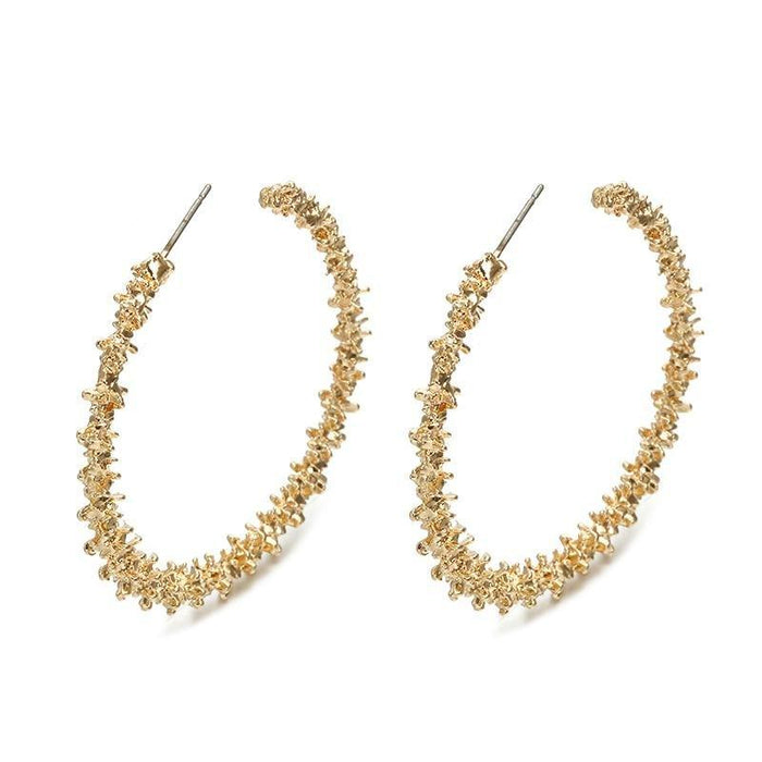 Gold-tone nugget texture hoop earrings with hinged stud posts, pair