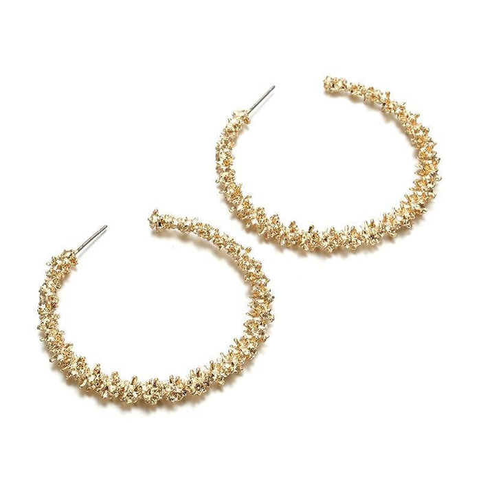 Gold-tone textured hoop earrings, nugget-style links, stud back posts, pair
