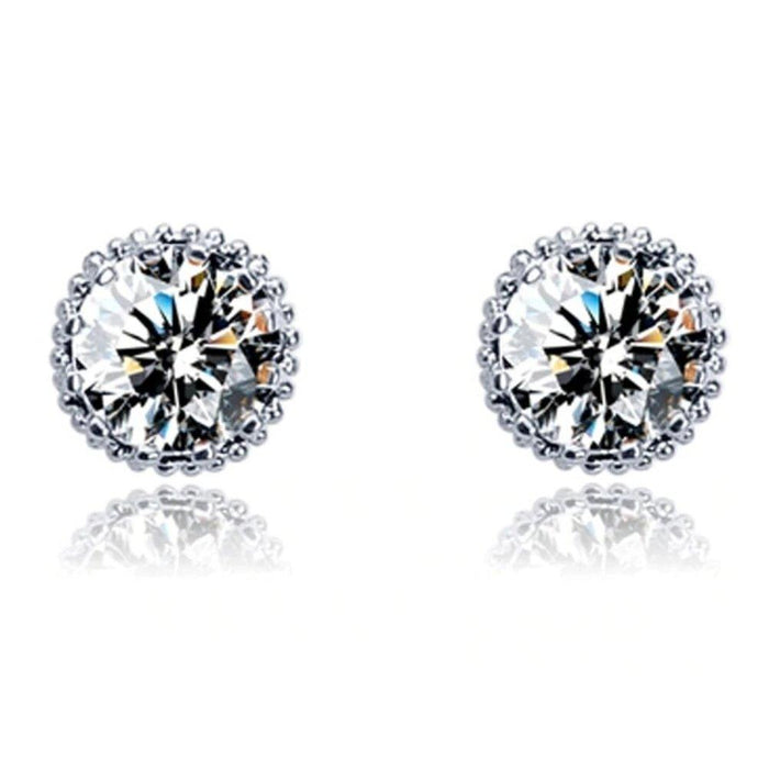 Round cubic zirconia stud earrings, halo setting, clear stones in silver-tone
