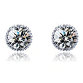 Round cubic zirconia stud earrings, halo setting, clear stones in silver-tone