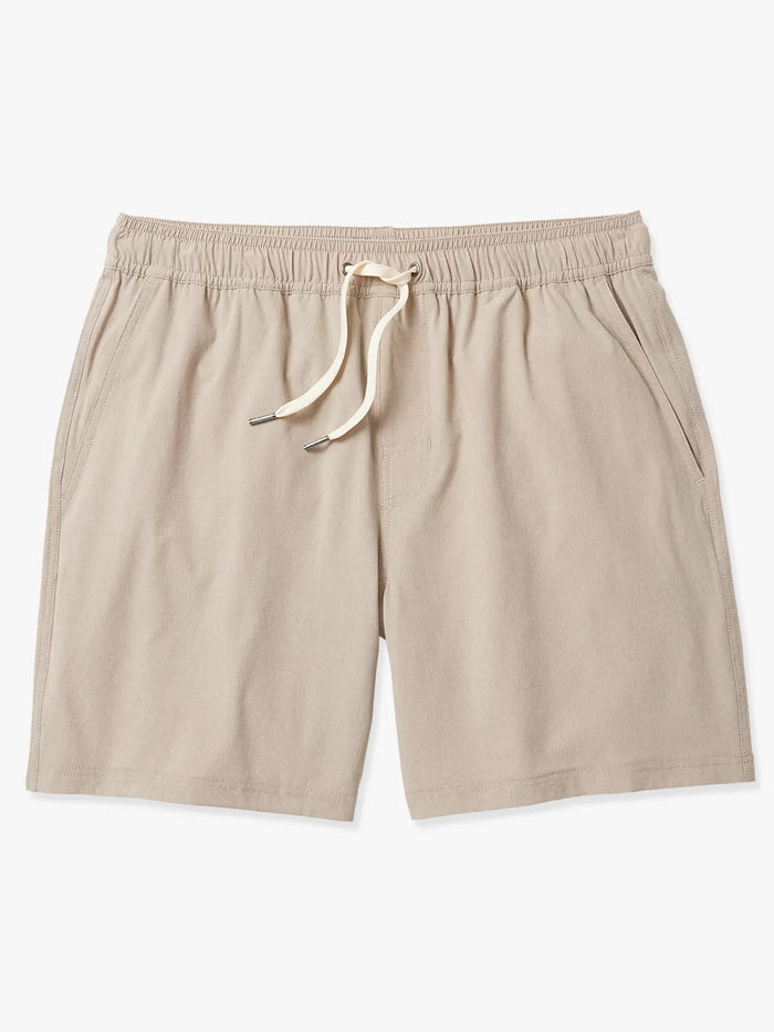 Khaki one shorts in 8 inch inseam with a drawstring on a white background
