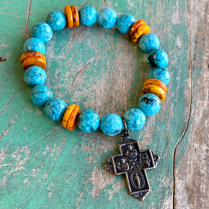 Orange Turquoise Bronze Four Way Bracelet