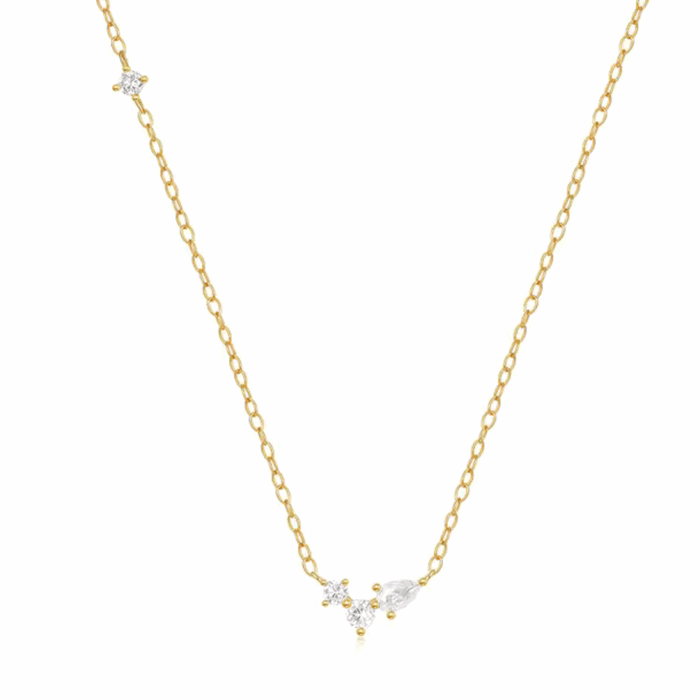 Gold-tone delicate necklace with pear and round cubic zirconia cluster pendant