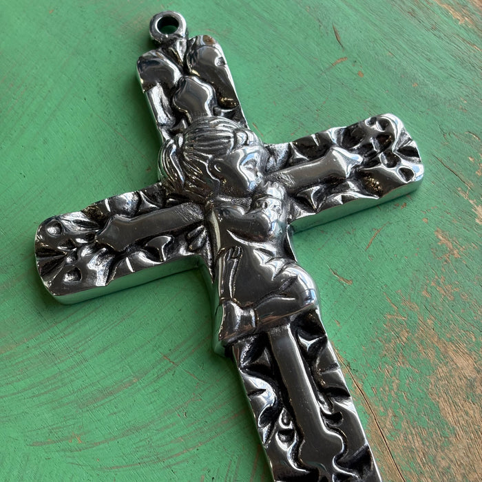 Ornate Pewter Kneeling Girl Cross