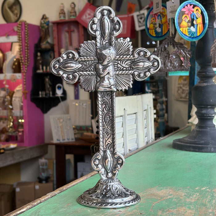 Ornate Standing Pewter Kneeling Boy Cross