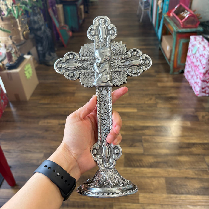 Ornate Standing Pewter Kneeling Boy Cross