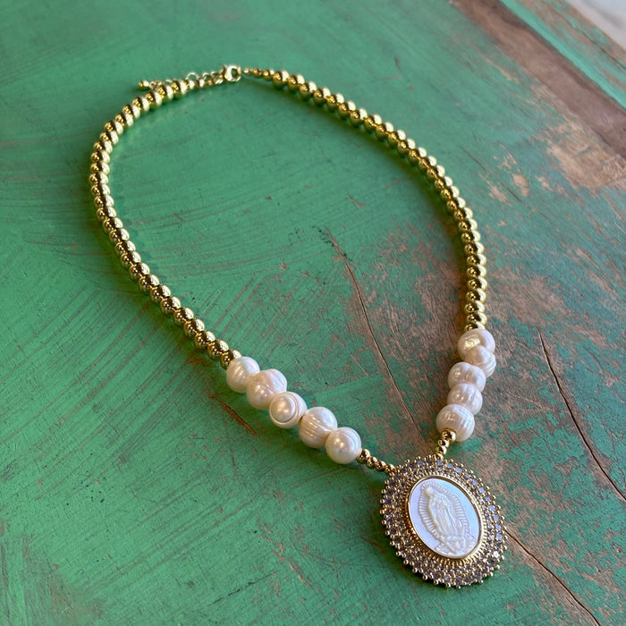 Our Lady of Guadalupe Mother of Pearl Pendant Necklace