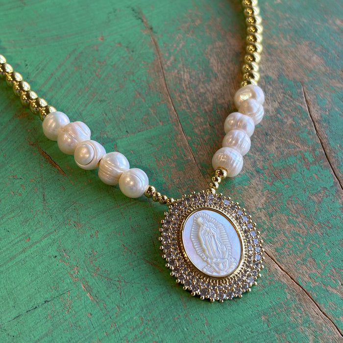 Our Lady of Guadalupe Mother of Pearl Pendant Necklace