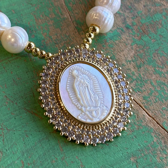 Our Lady of Guadalupe Mother of Pearl Pendant Necklace