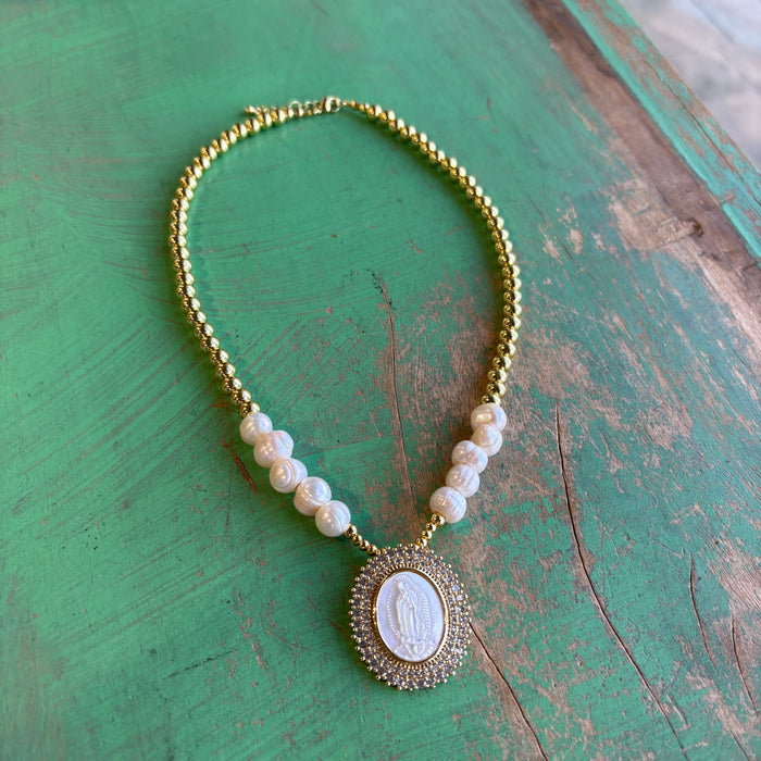 Our Lady of Guadalupe Mother of Pearl Pendant Necklace