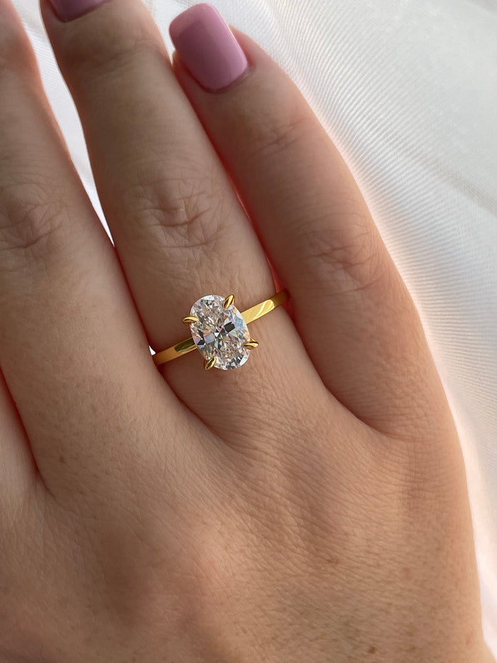 Oval Cut CZ Engagement Ring Hidden Halo, Gold Over Sterling Silver