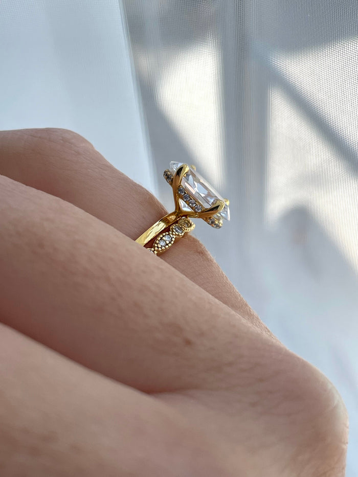 Oval Cut CZ Engagement Ring Hidden Halo, Gold Over Sterling Silver