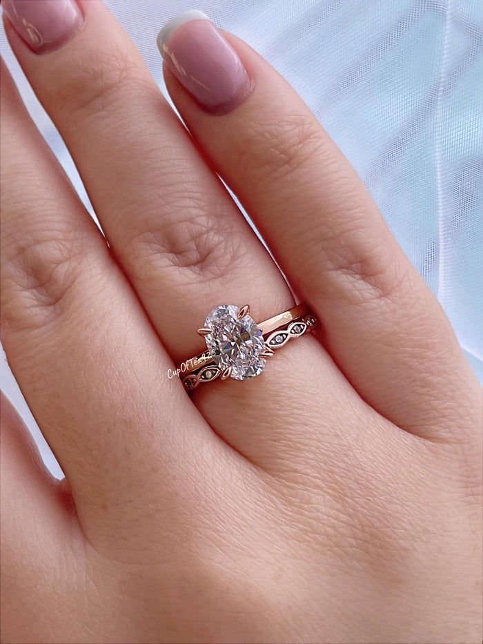 Oval Cut CZ Sterling Silver Engagement Ring Set: Hidden Halo, Eternity Band