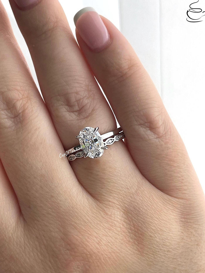 Oval Cut CZ Sterling Silver Engagement Ring Set: Hidden Halo, Eternity Band