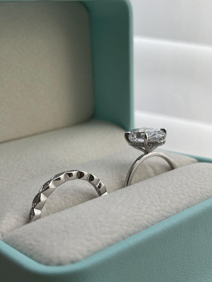 Oval Cut CZ Sterling Silver Engagement Ring Set: Hidden Halo, Eternity Band