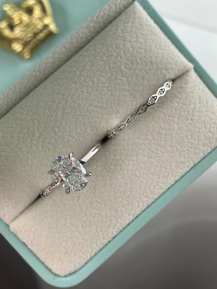 Oval Cut CZ Sterling Silver Engagement Ring Set: Hidden Halo, Eternity Band