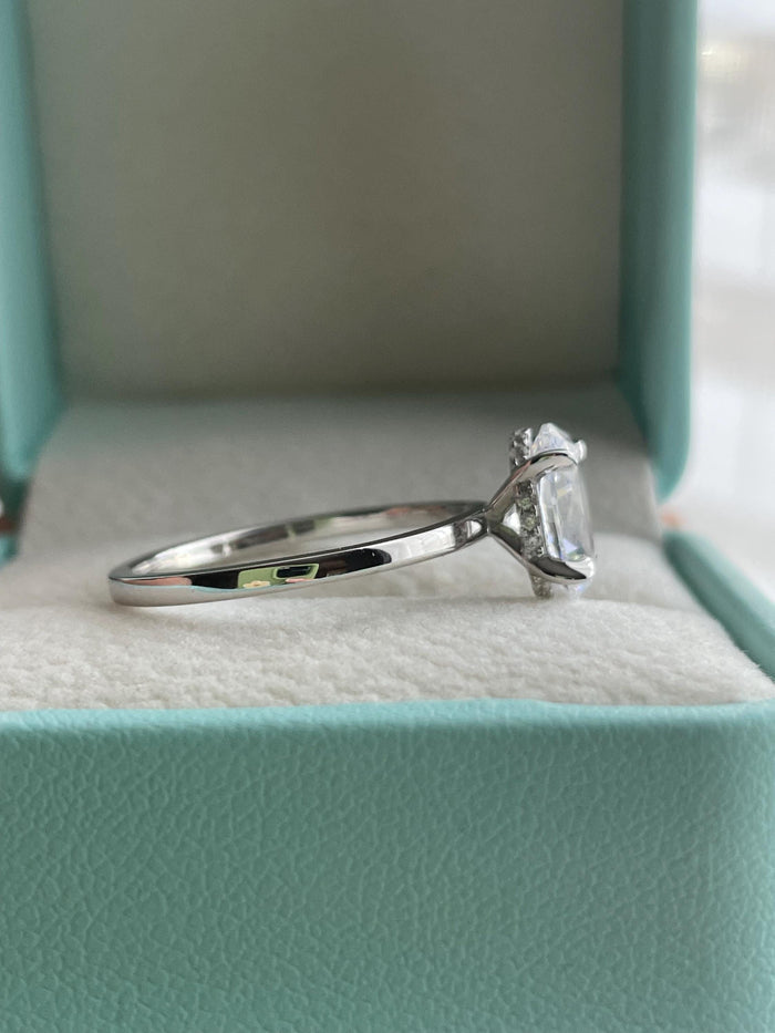 Oval Cut CZ Sterling Silver Engagement Ring Set: Hidden Halo, Eternity Band