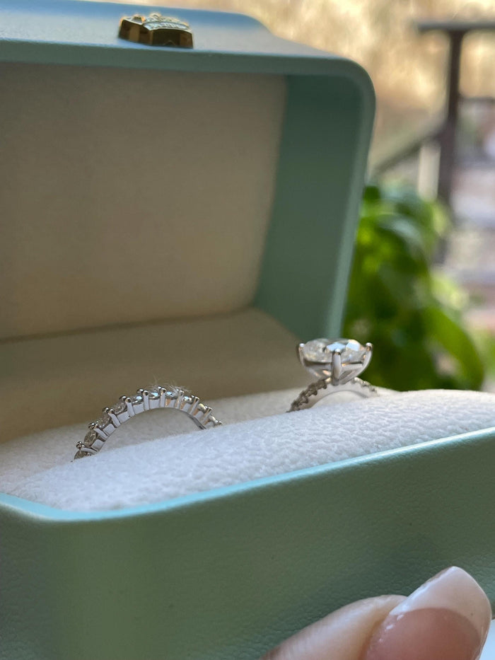 Oval Cut Moissanite Engagement Ring Set , Sterling Silver with 14K Gold or Rhodium Finish Half Eternity Band, proposal ring, 2 carat ring