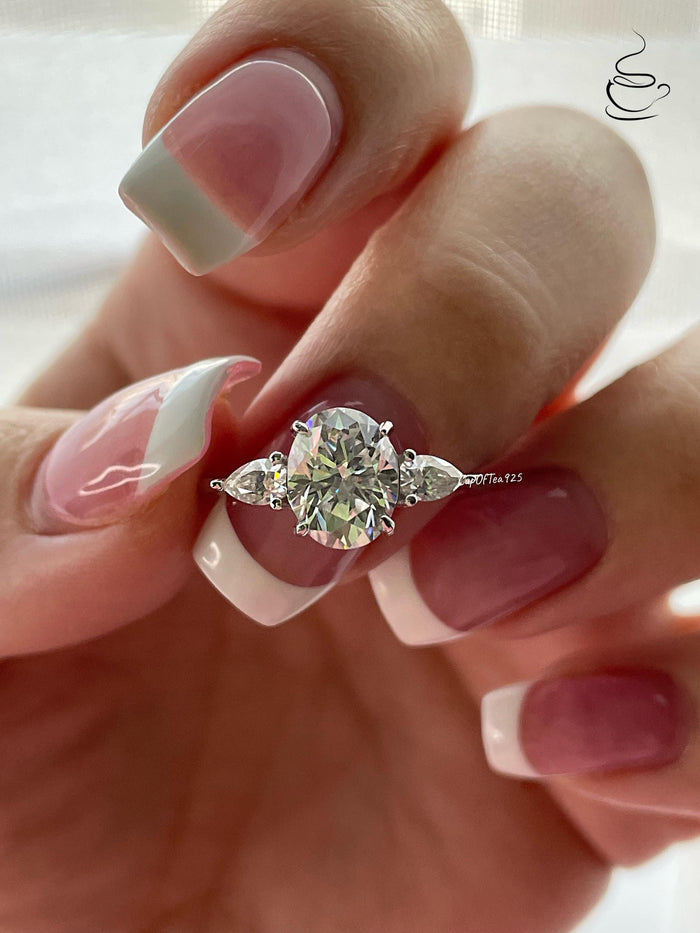 Oval Moissanite Engagement Ring: Sterling Silver Three Stone Promise Ring