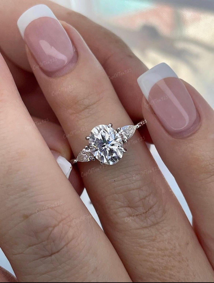 Oval Moissanite Engagement Ring: Sterling Silver Three Stone Promise Ring