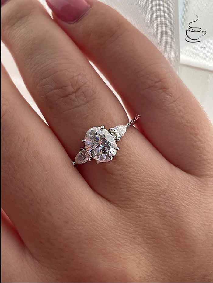 Oval Moissanite Engagement Ring: Sterling Silver Three Stone Promise Ring