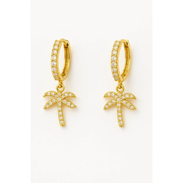 Gold hoop earrings with zirconia palm tree drop charms