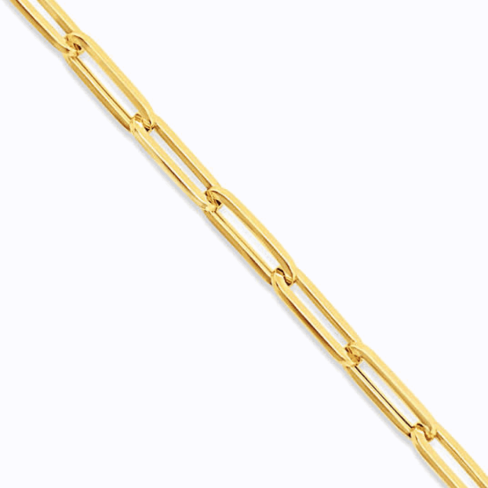 Gold paperclip-link necklace detail with smooth rectangular and oval segments