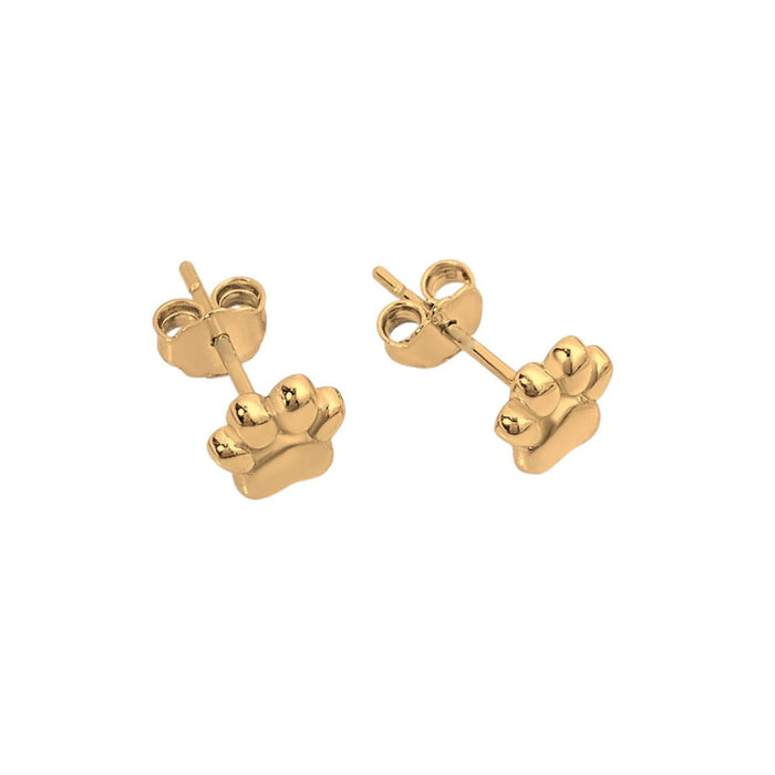 Gold mini paw print stud earrings, side view with posts and back fixtures