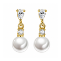 Gold-tone pear-shaped faux pearl drop earrings with clear cubic zirconia accents