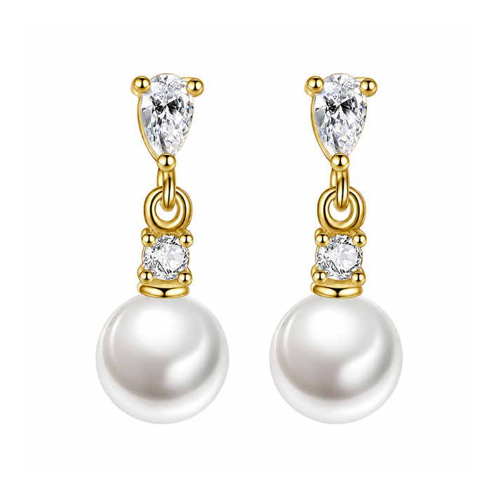 Gold-tone pear-shaped faux pearl drop earrings with clear cubic zirconia accents